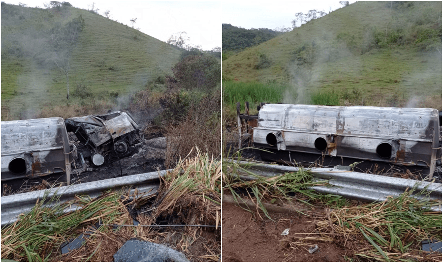 Carreta que transportava combustível tomba e pega fogo na RJ-116, em Itaocara