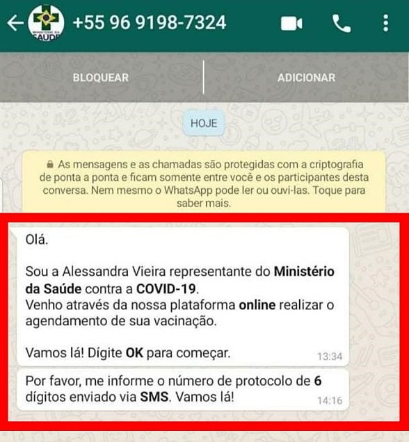 Atenção! Novo golpe duplica WhatsApp e pede dinheiro para contatos 1 Criminosos estão se passando por membros do Ministério Público, do Ministério da Saúde ou por outros funcionários públicos para aplicar o golpe do covid através do agendamento da vacina contra o coronavírus pelo WhatsApp
