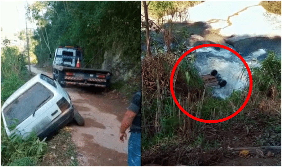 Carro despenca no rio após guincho tentar puxá-lo em distrito de Nova Friburgo