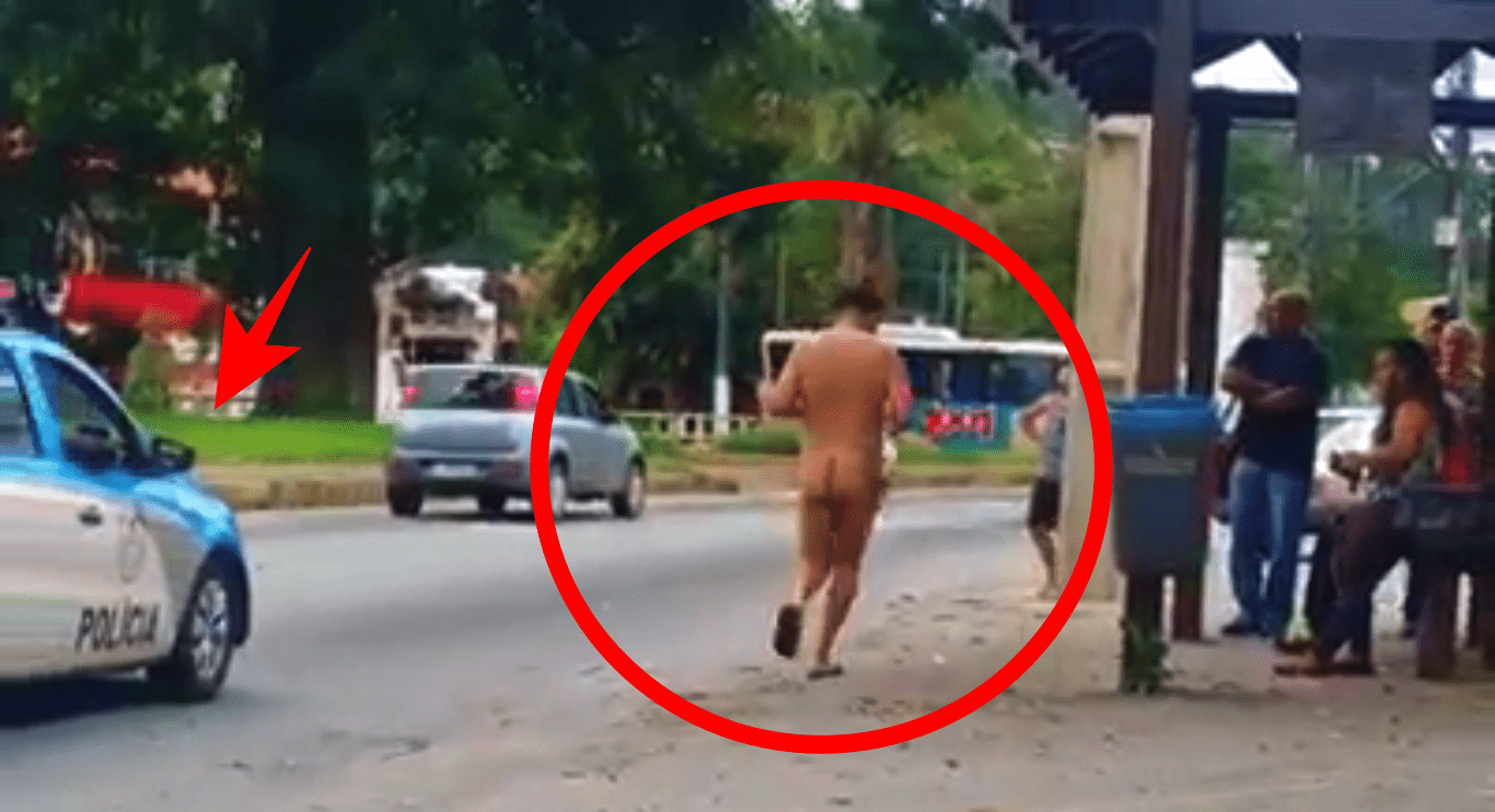 Coisas de Friburgo: Homem corre pelado, caixão cai na rua e super-herói de moto 1 Homem corre pelado acompanhado da viatura da PM em Nova Friburgo