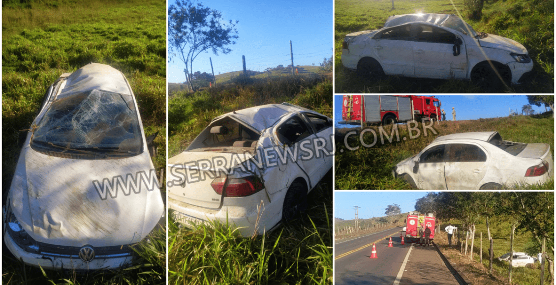 Carro capota com ocupantes na RJ-116, localidade de Pito Aceso, em Aperibé