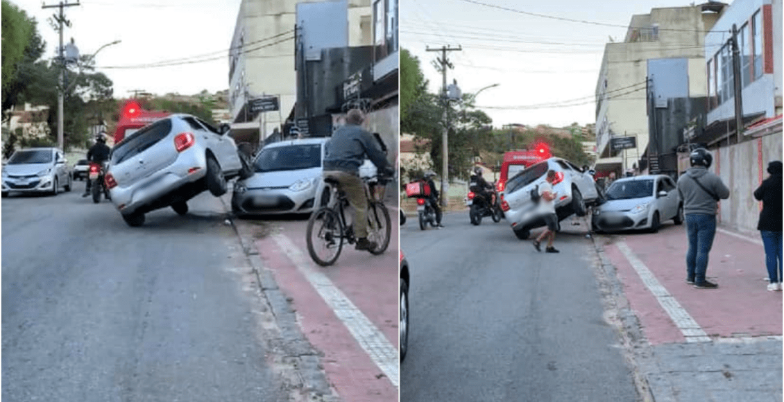 Motorista perde controle do veículo e sobe em cima de carro em Teresópolis