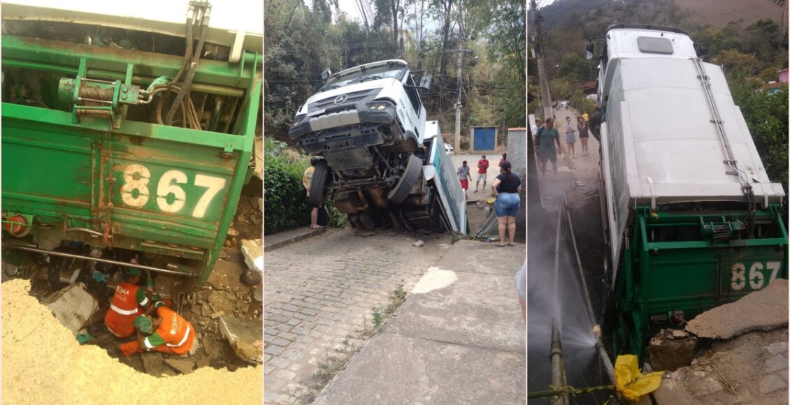 Ponte cede e 'engole' caminhão de coleta de lixo em Nova Friburgo