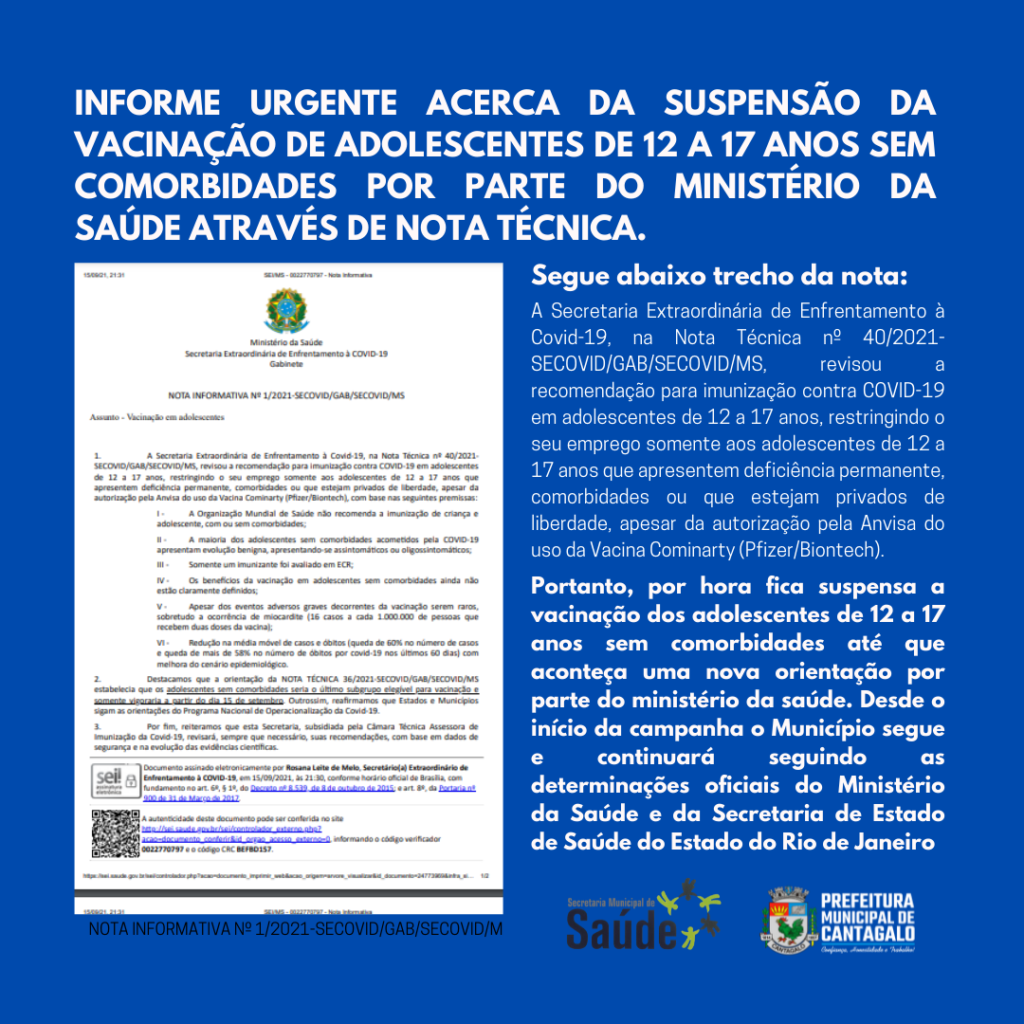 Ministério da Saúde recuou e suspendeu a imunização para adolescentes entre 12 e 17 anos sem comorbidades