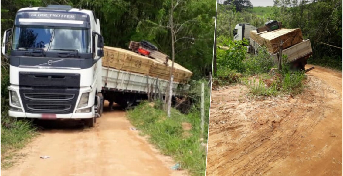 Carreta tem dificuldades para trafegar na RJ-154, entre Sapucaia e Sumidouro