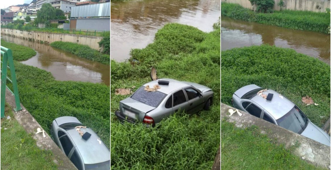 Carro vai parar às margens do Rio Bengalas, em Nova Friburgo