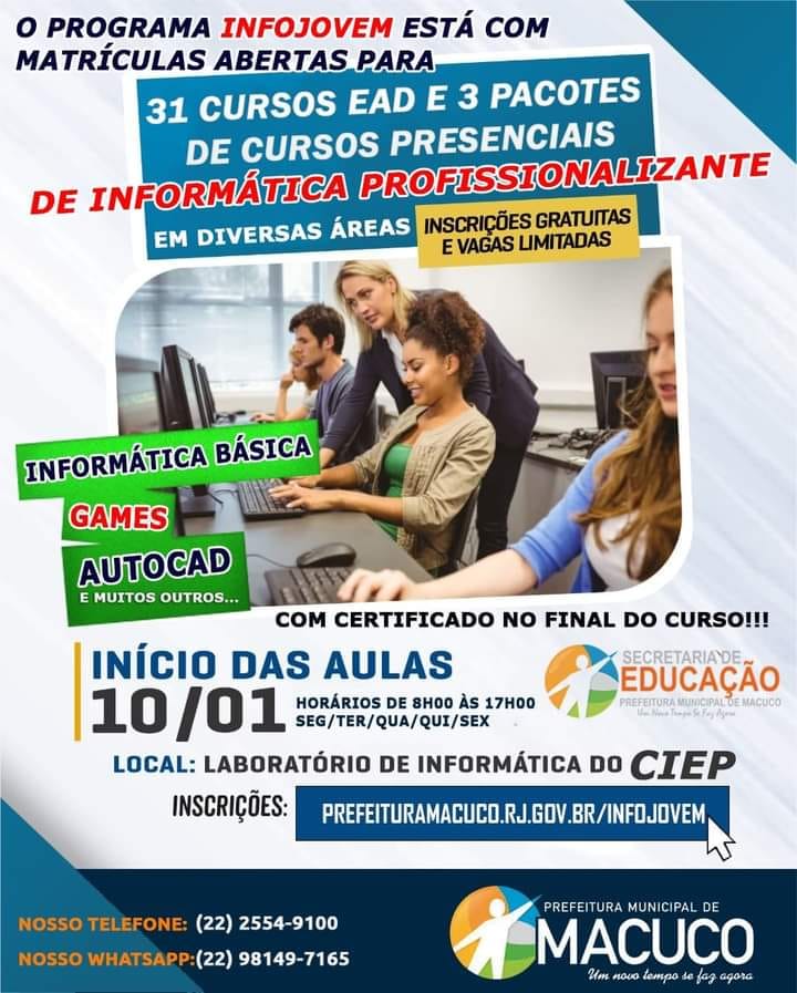 Programa InfoJovem abre inscrições para 40 cursos gratuitos em Macuco 1 Programa InfoJovem abre inscrições para 40 cursos gratuitos em Macuco