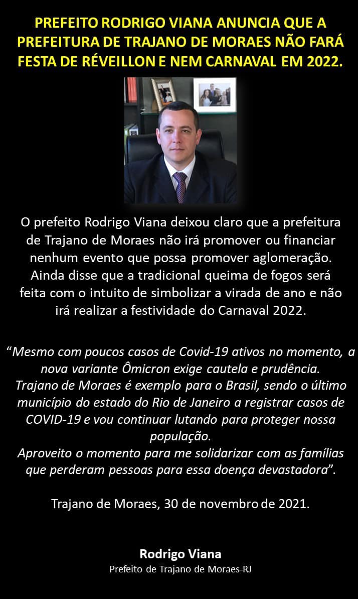 Trajano de Moraes decide suspender eventos de Réveillon e Carnaval 1 Trajano de Moraes decide suspender eventos de Réveillon e Carnaval