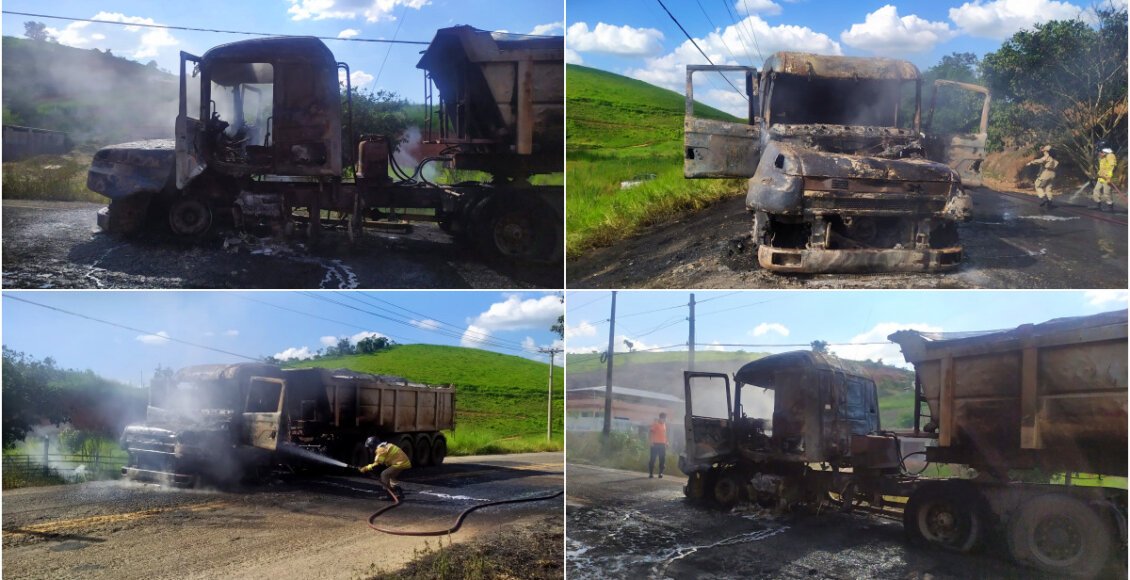 Caminhão carregado de gesso pega fogo na RJ-158, em Itaocara