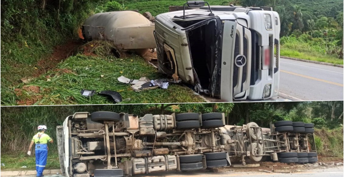 Carreta de cimento tomba na RJ-116, em Bom Jardim