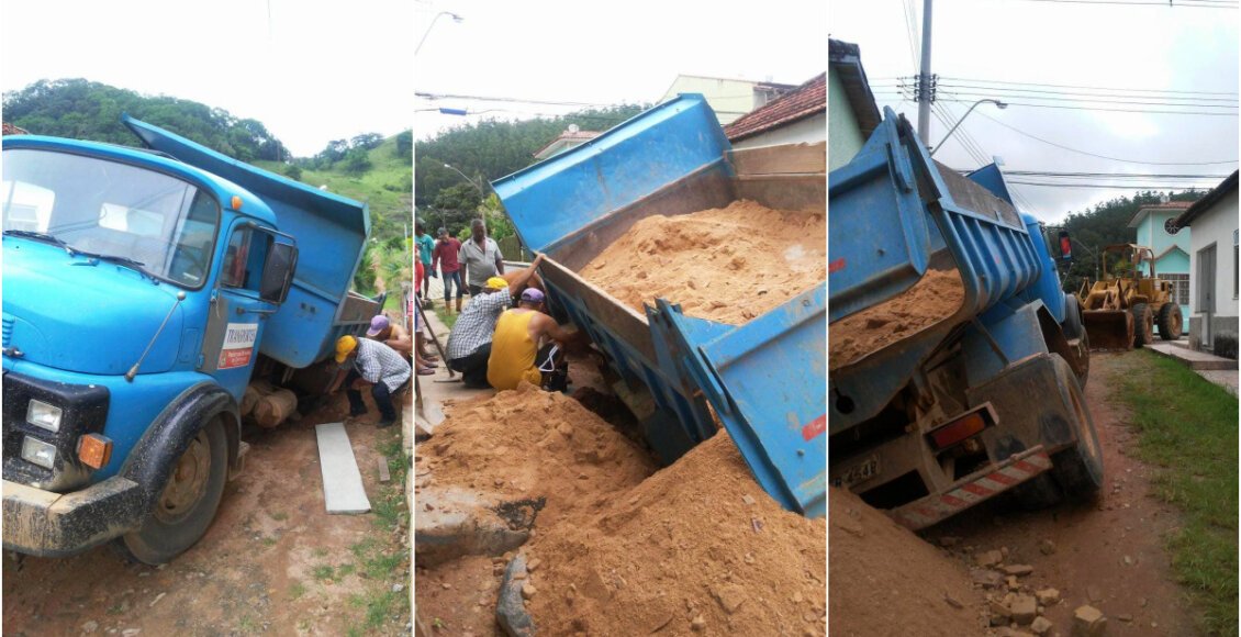 Caminhão da prefeitura afunda em buraco de rua em Cantagalo