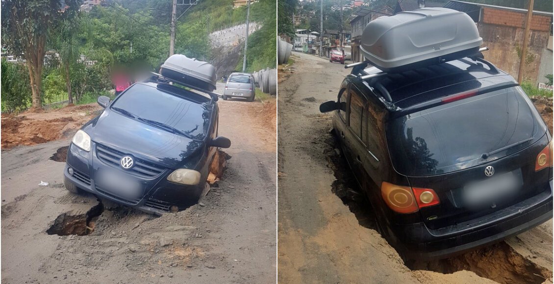 Friburgo: Obra 'engole' veículo na Avenida dos Ferroviários