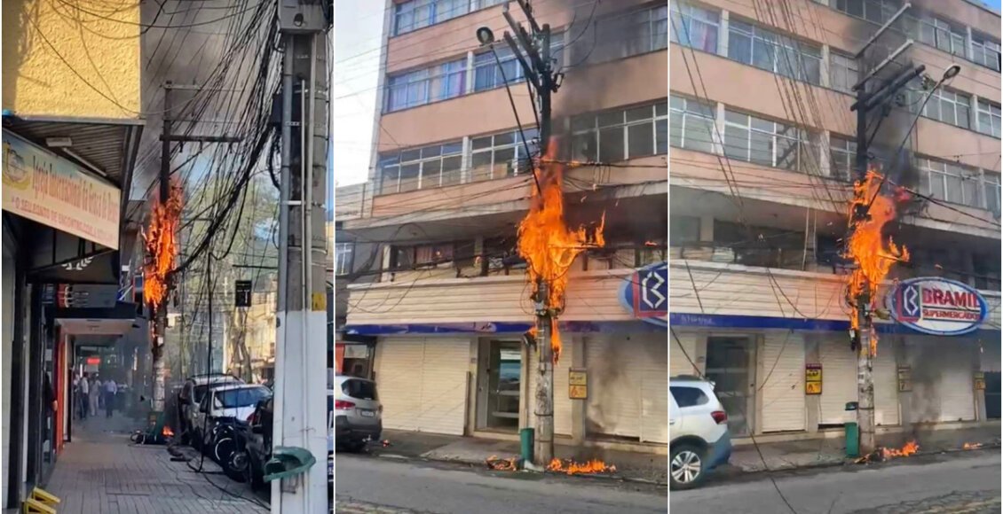 Vídeo: Cabos pegam fogo e poste fica em chamas em Nova Friburgo