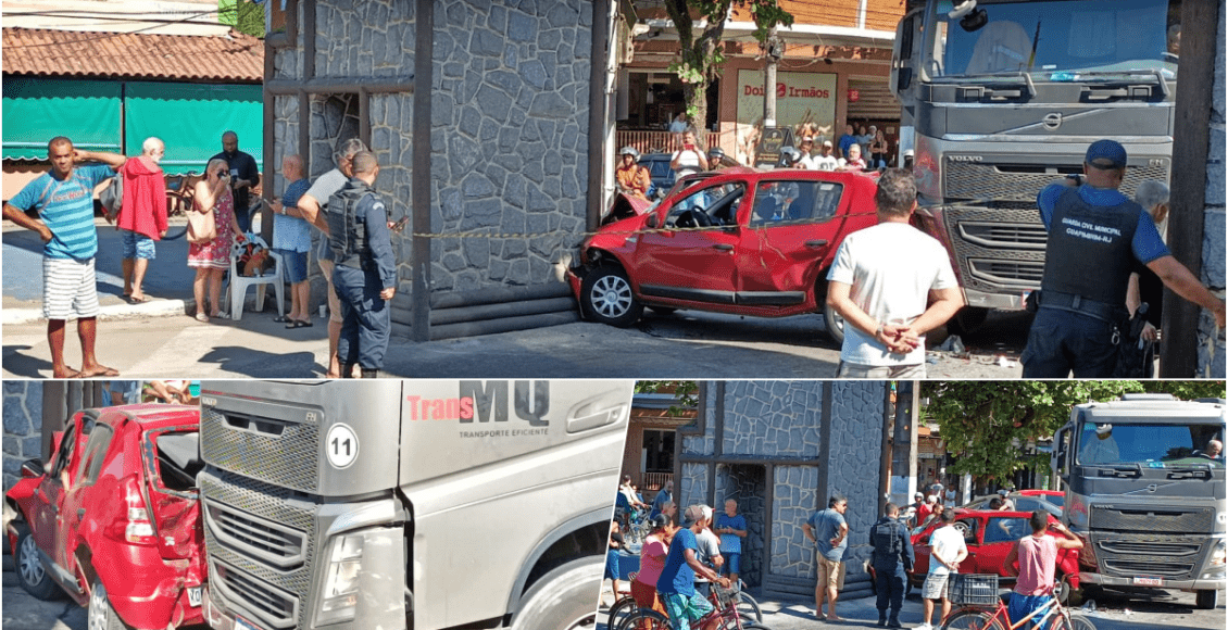 Carreta comprime carro contra o portal da cidade de Guapimirim