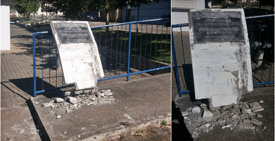 Cantagalo: Base de placa aparece quebrada na praça do Quinta dos Lontras