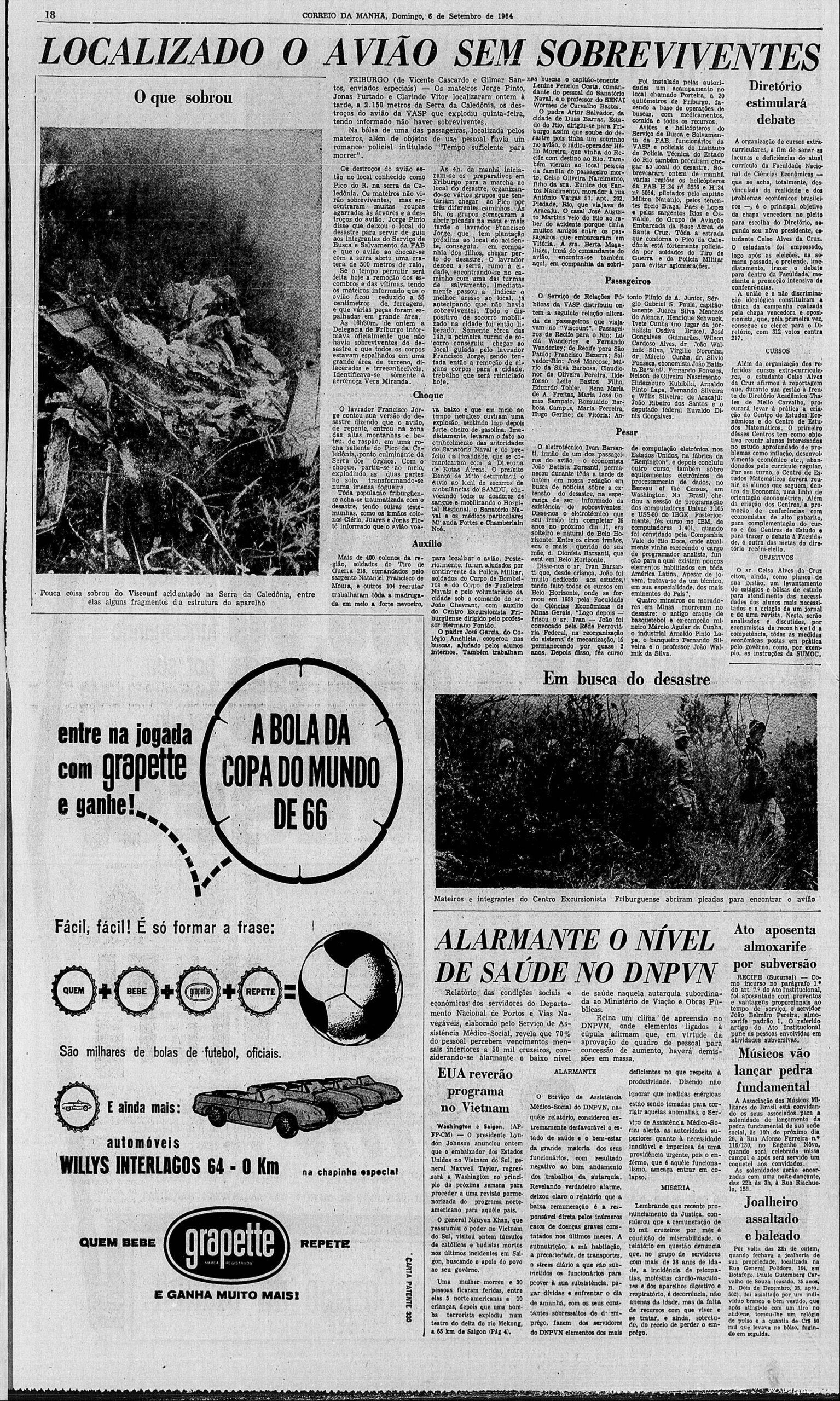 Os três acidentes aéreos no Pico do Caledônia 6 O Correio da Manhã noticiou o acidente de 1964. Acervo internet