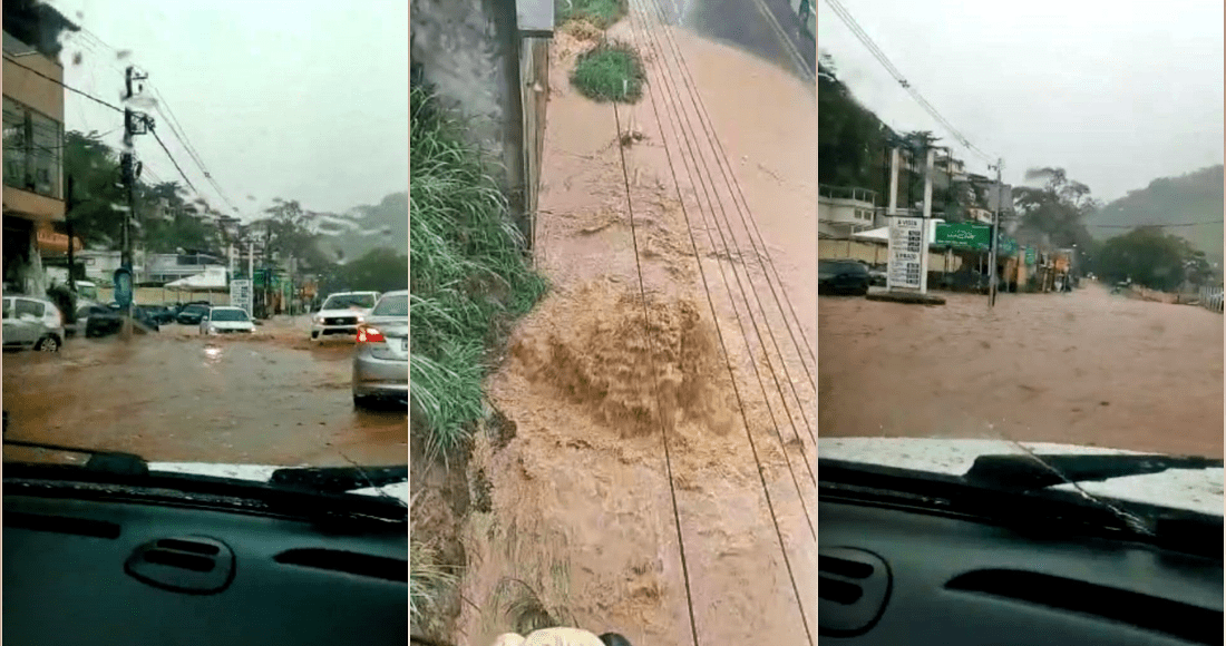 Tubulação não suporta volume de água e alaga trecho da RJ-160, em Cordeiro