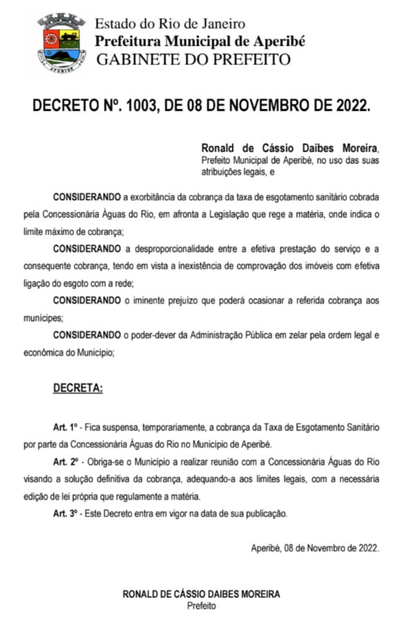 Prefeitura decreta suspensão da taxa de esgoto em Aperibé 1 Prefeitura decreta suspensão da taxa de esgoto em Aperibé