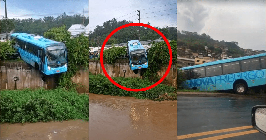 Ônibus fica pendurado e quase cai no Rio Bengalas, em Friburgo