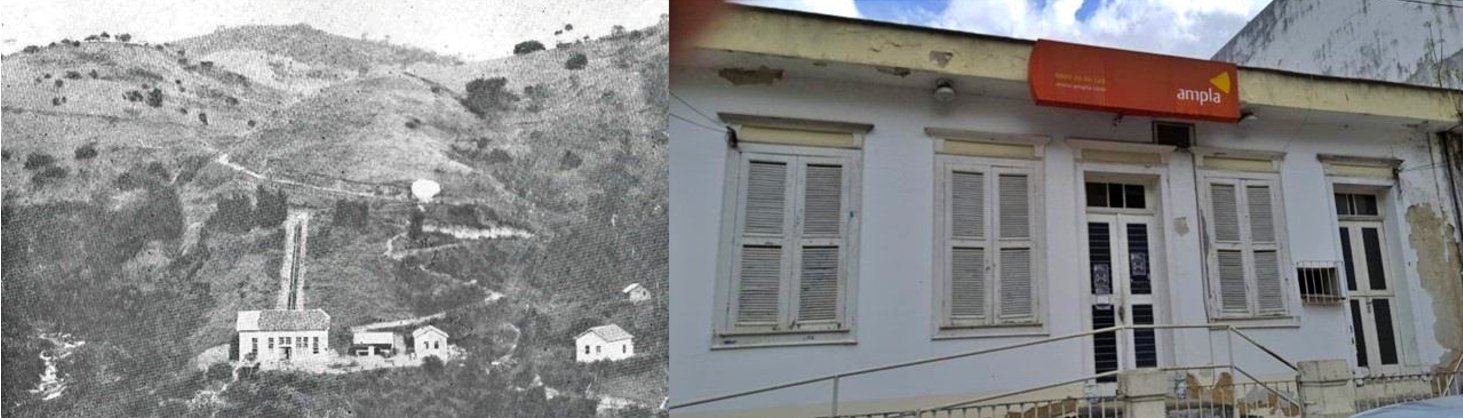 À esquerda, a usina da Ibero-Americana, em 1920. À direita, a casa-sede da empresa, na rua Getúlio Vargas, no centro de Cantagalo, recentemente colocada à venda, em leilão, pela Enel.