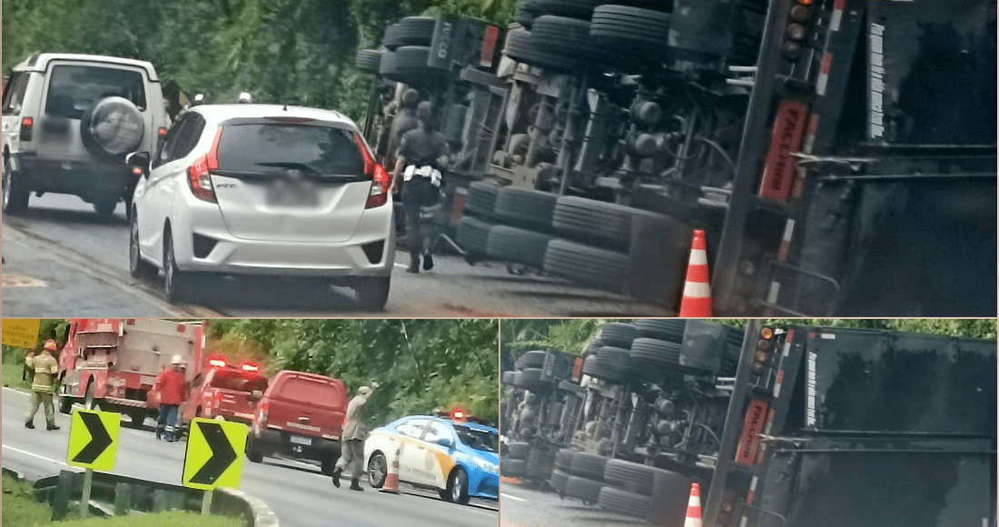Motorista é socorrido após carreta tombar na RJ-116, em Nova Friburgo