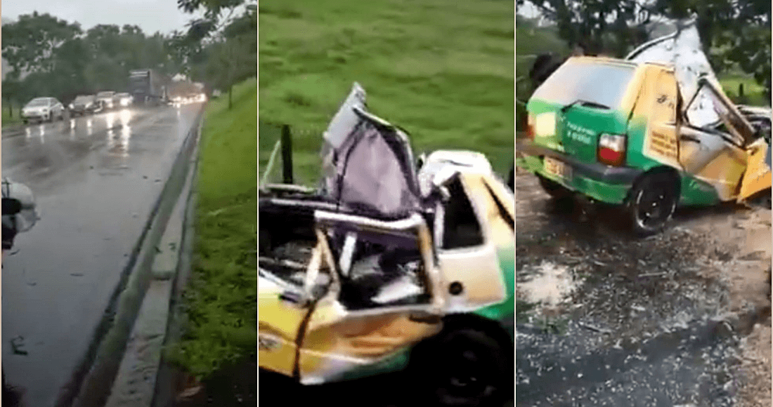 Árvore atinge carro durante temporal em Itaperuna e deixa RJ-186 interditada