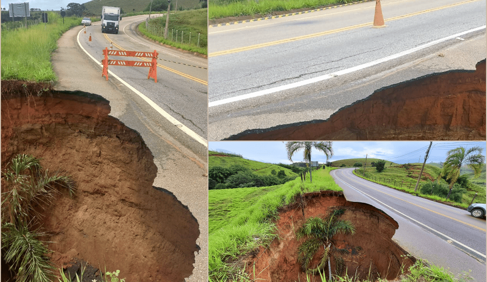 Trecho da RJ-116 com risco de desabar está em meia pista em Macuco