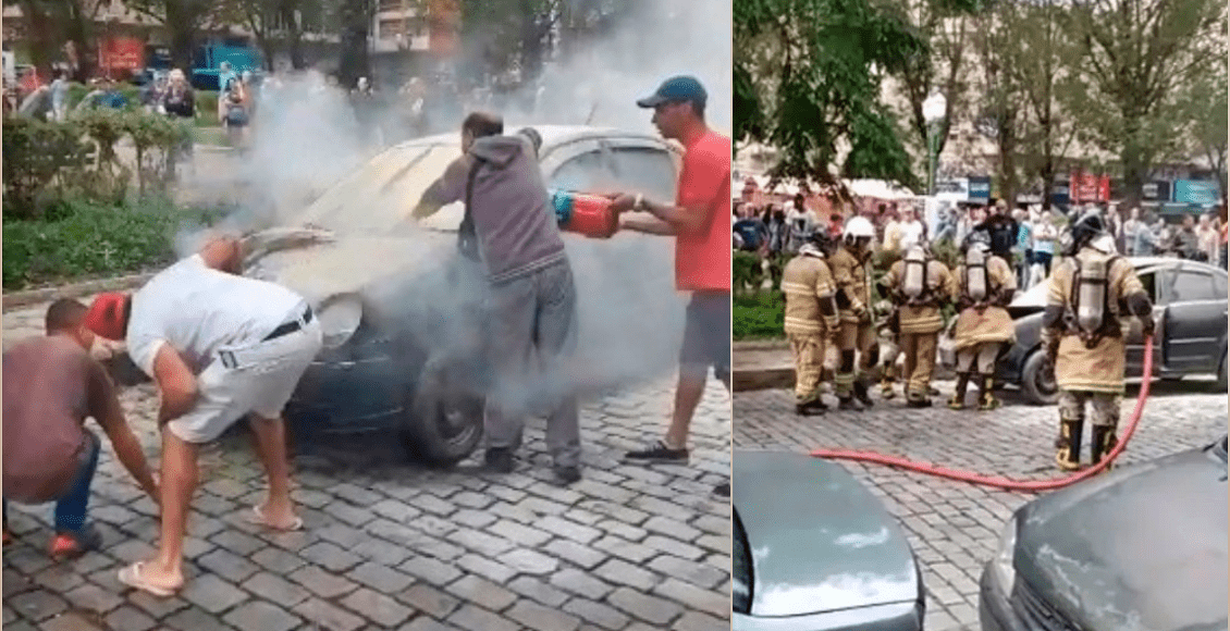 Populares ajudam a conter fogo em carro no Centro de Nova Friburgo