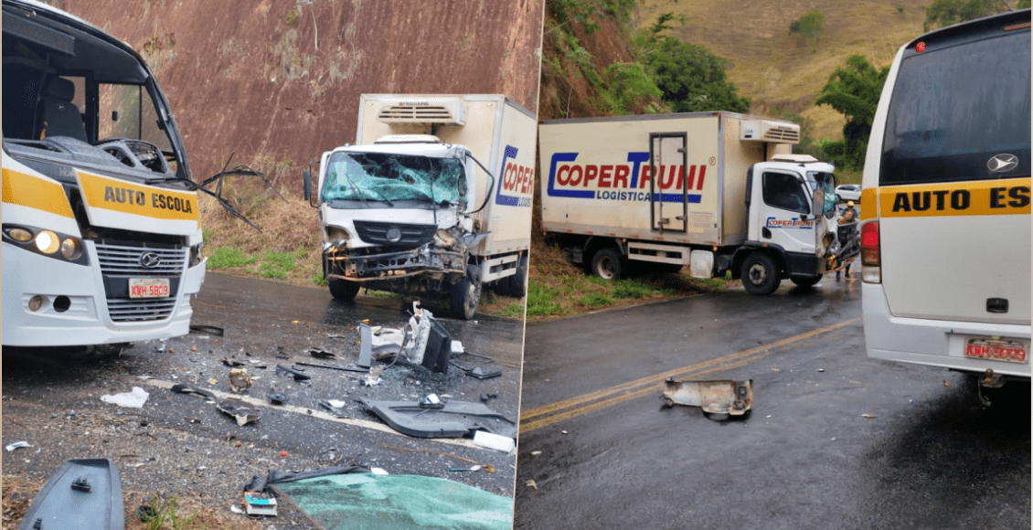 Vídeo: Grave acidente entre ônibus de autoescola e caminhão na RJ-144