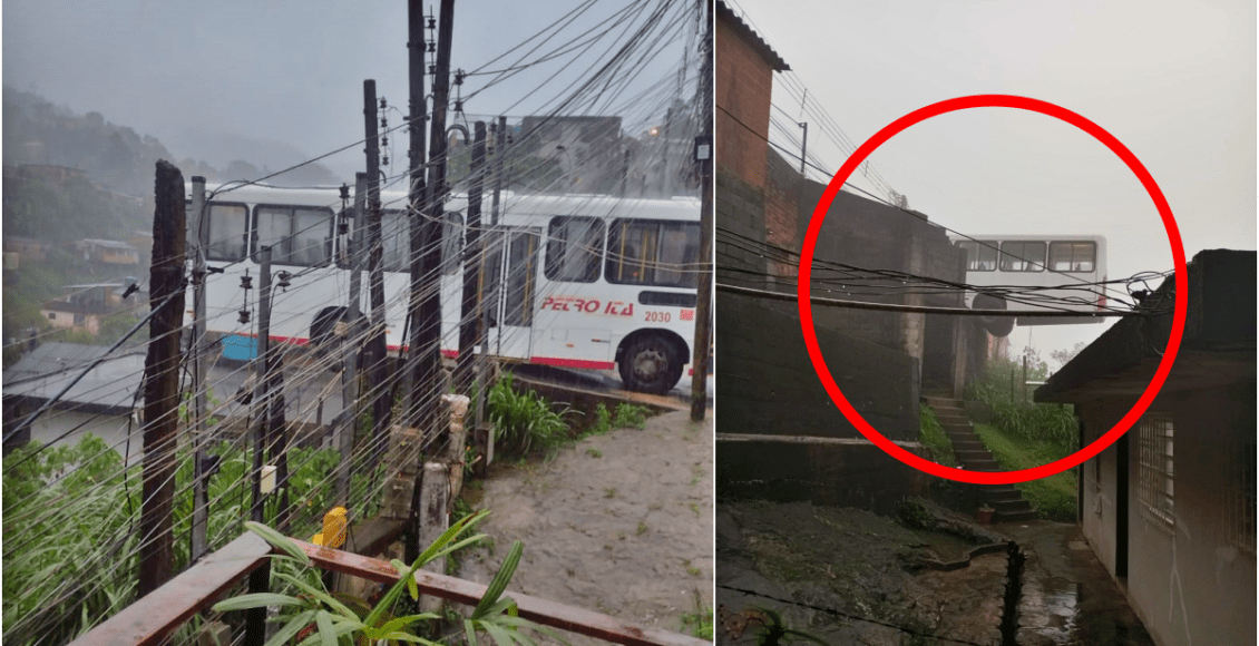Ônibus fica pendurado no Quitandinha durante chuva em Petrópolis
