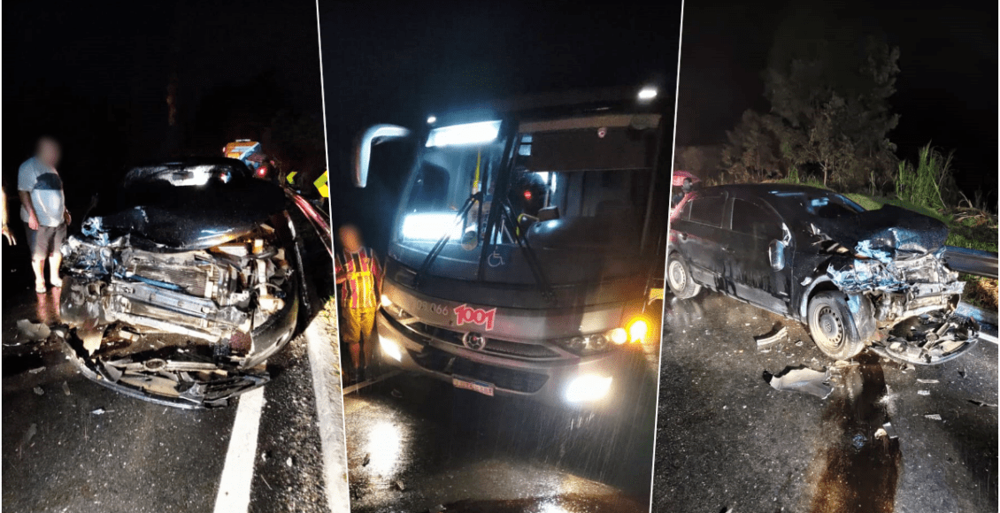 Carro e ônibus colidem de frente na RJ-116 em Nova Friburgo