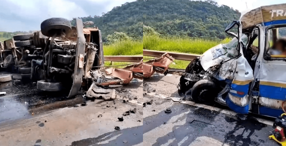 Carreta tomba e atinge van da Saúde em Sapucaia