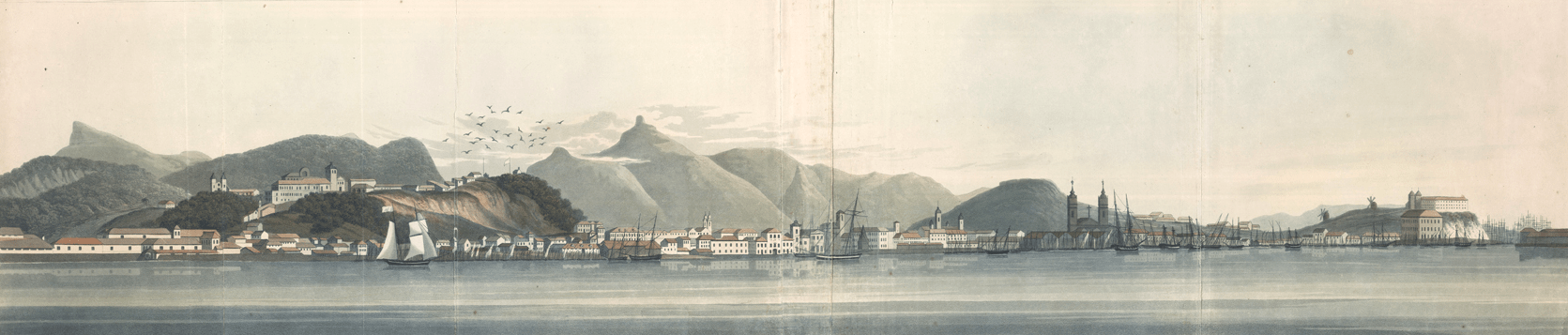 Vista da baía da Guanabara antes dos barcos a vapor. Henry Chamberlain. Acervo BN