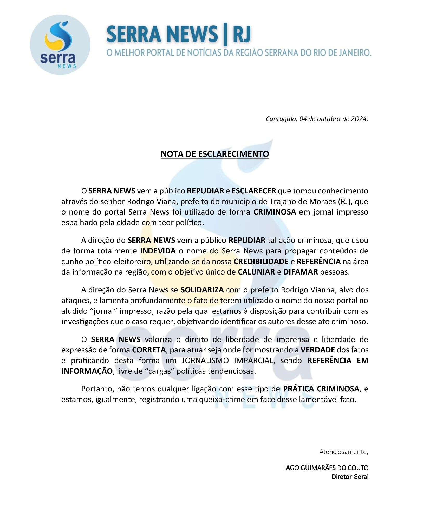 Jornais com teor político e difamatório são espalhados em Trajano de Moraes 1 2024. Nota de Esclarecimento Serra News Trajano de Moraes