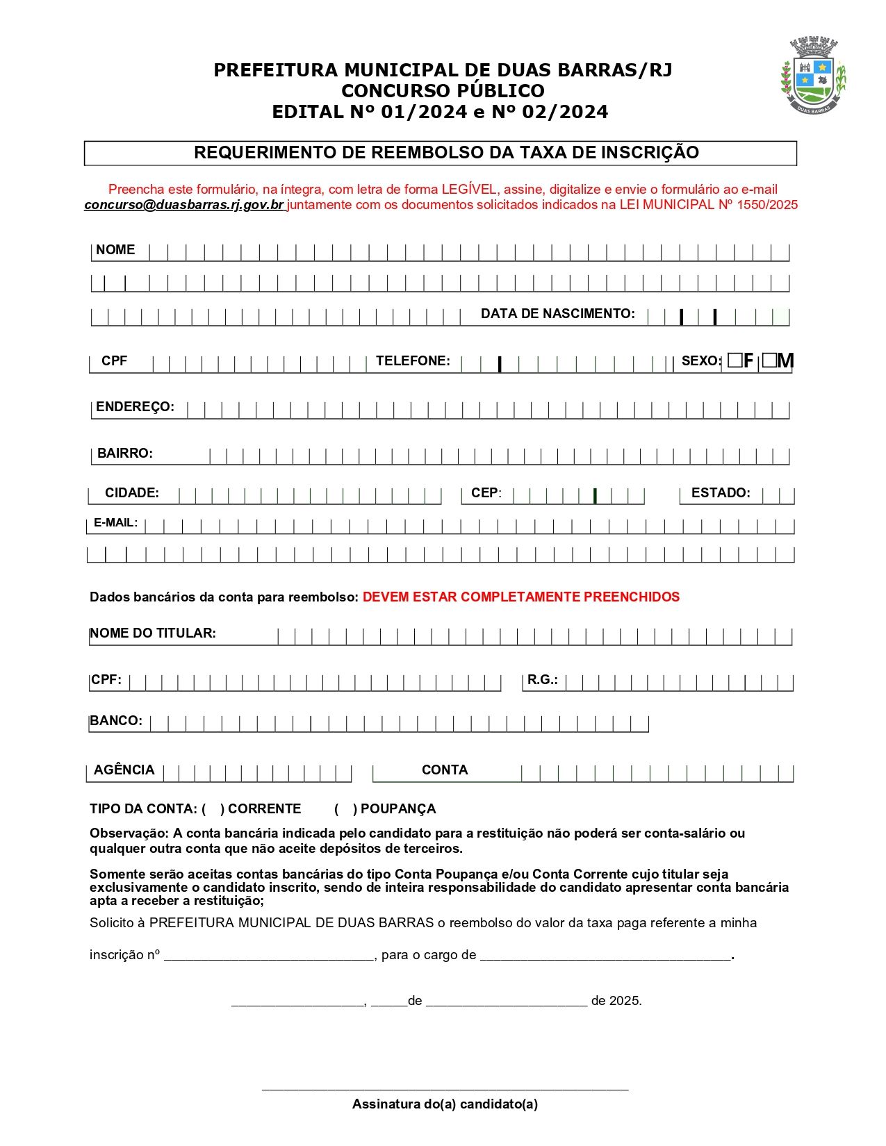 Prefeitura de Duas Barras inicia devolução das taxas de inscrição de concursos suspensos 1 REQUERIMENTO DE REEMBOLSO DUAS BARRAS page 0001