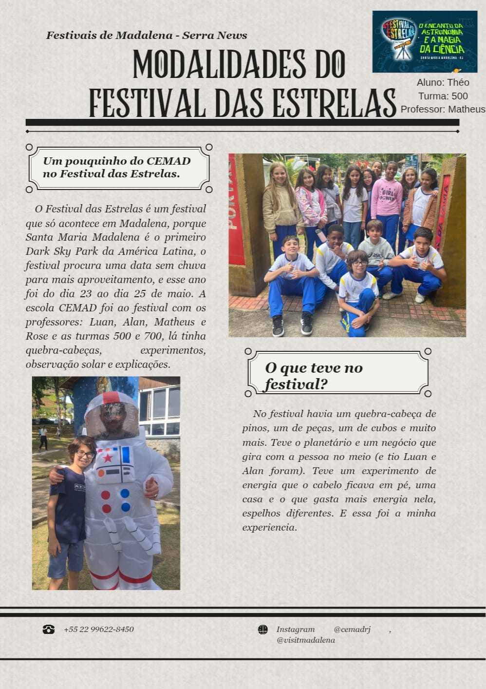 Aluno de Madalena se inspira no Serra News em trabalho sobre o Festival das Estrelas 1 festival das estrelas