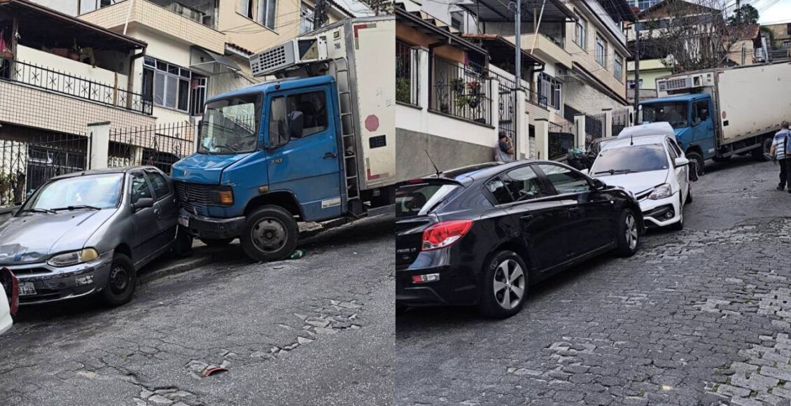 Caminhão desgovernado atinge carros em Olaria, em Nova Friburgo