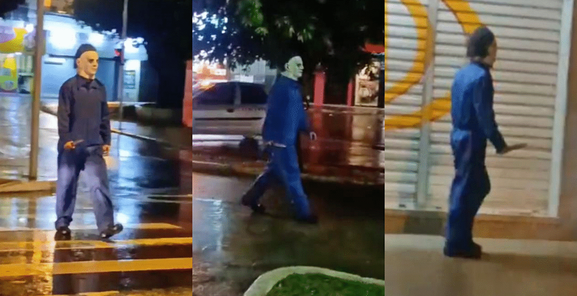 Cena de Halloween em Itaperuna: homem fantasiado de personagem de terror chama atenção nas ruas